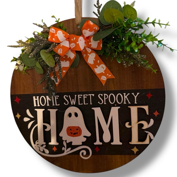Home Sweet Spooky Halloween Ghost Door Sign – Seasonal Wooden Wall Hanging Décor - Picture 1 of 1